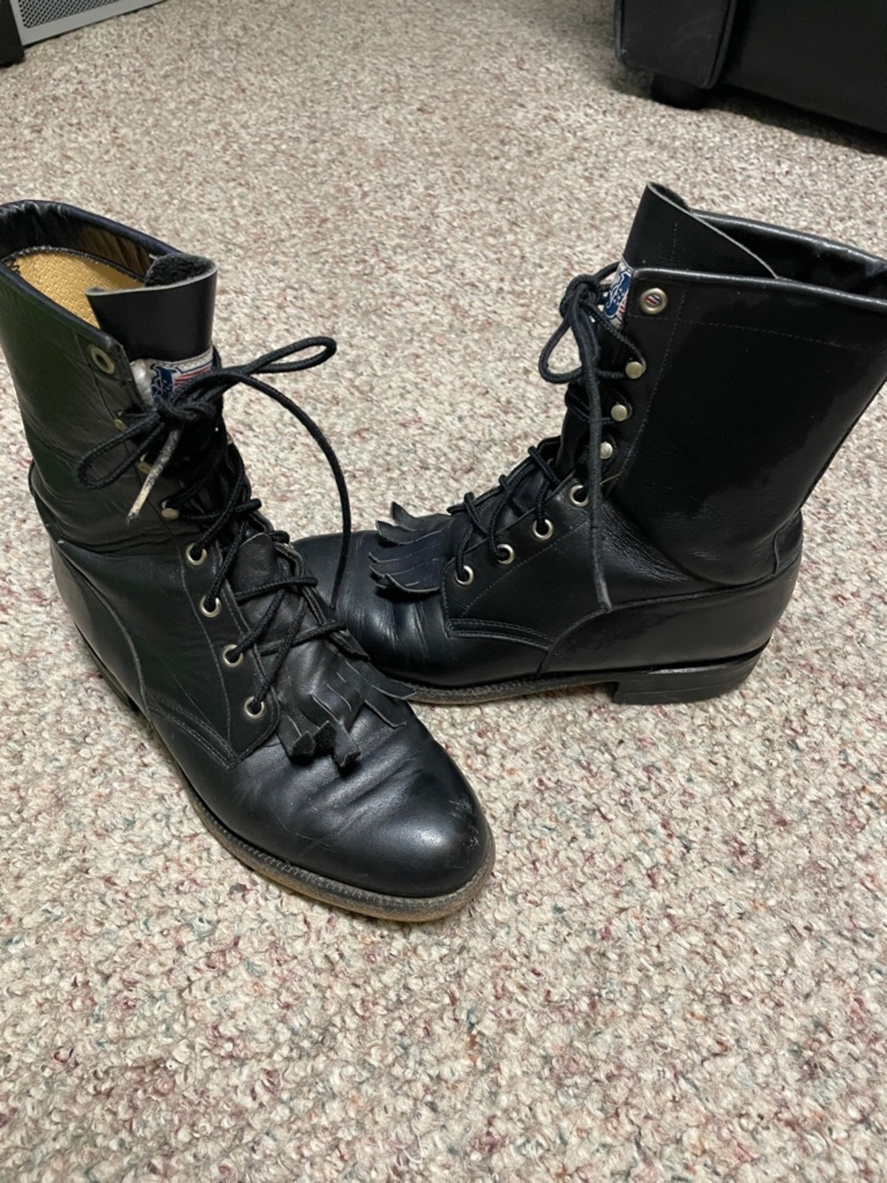 Vintage Black Leather Lace-Up Fringe Combat Boots with fringe front